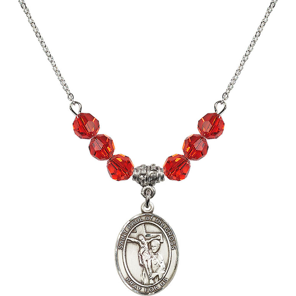 Sterling Silver Saint Paul of the Cross Birthstone Necklace with Ruby Beads - 8318
