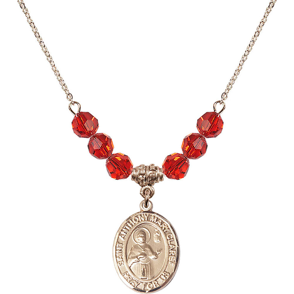 14kt Gold Filled Saint Anthony Mary Claret Birthstone Necklace with Ruby Beads - 8416