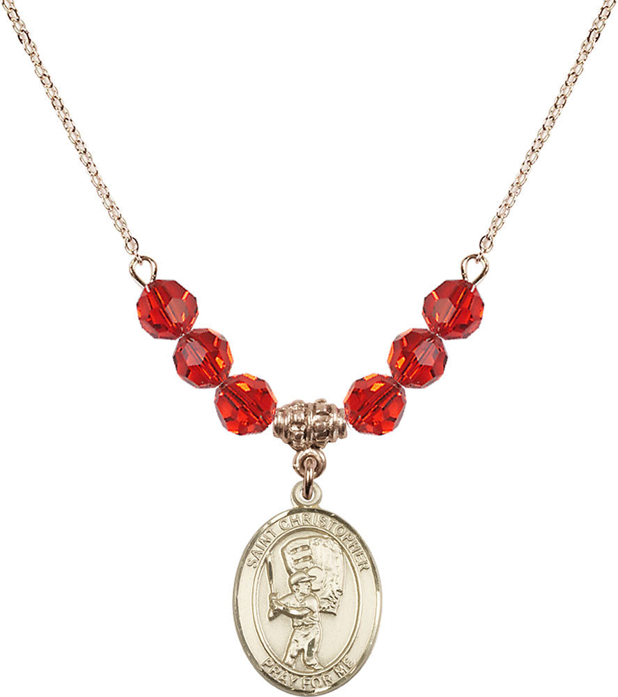 14kt Gold Filled Saint Christopher/Baseball Birthstone Necklace with Ruby Beads - 8500