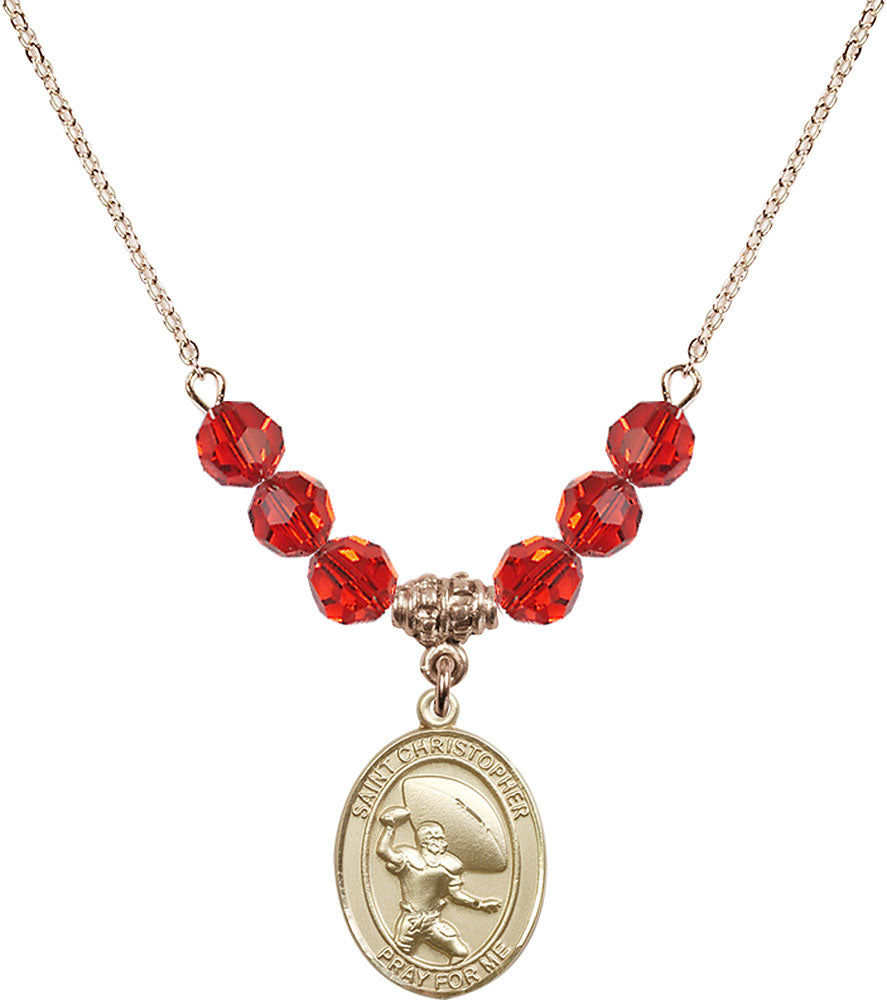 14kt Gold Filled Saint Christopher / Football Birthstone Necklace with Ruby Beads - 8501