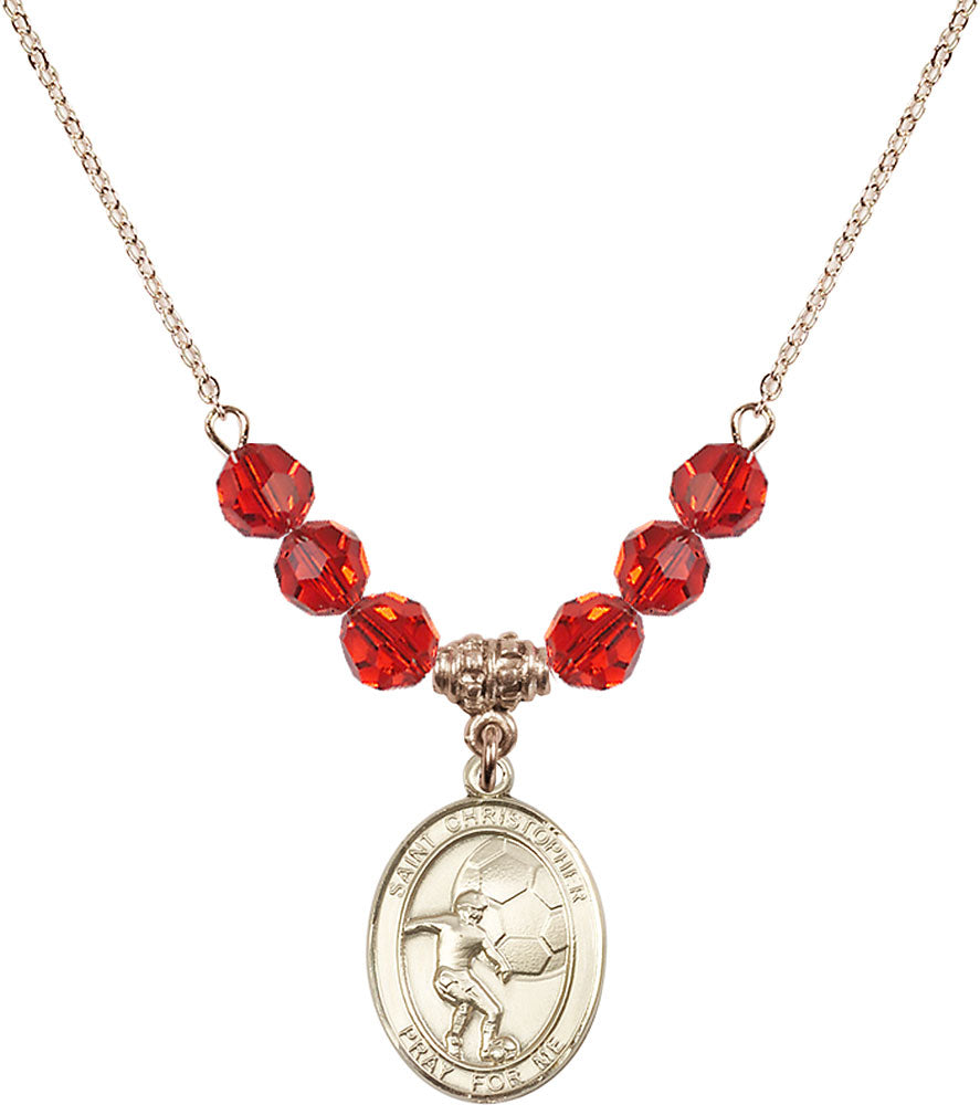 14kt Gold Filled Saint Christopher/Soccer Birthstone Necklace with Ruby Beads - 8503