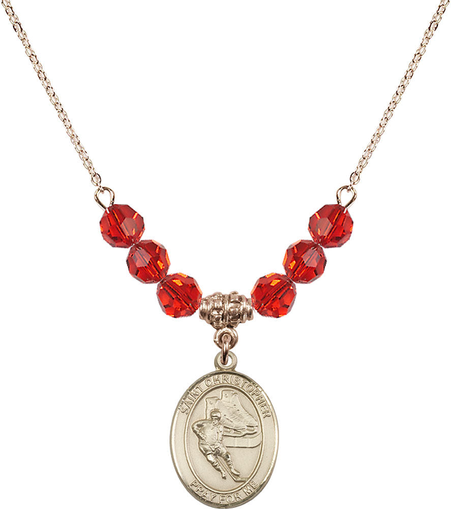 14kt Gold Filled Saint Christopher/Hockey Birthstone Necklace with Ruby Beads - 8504