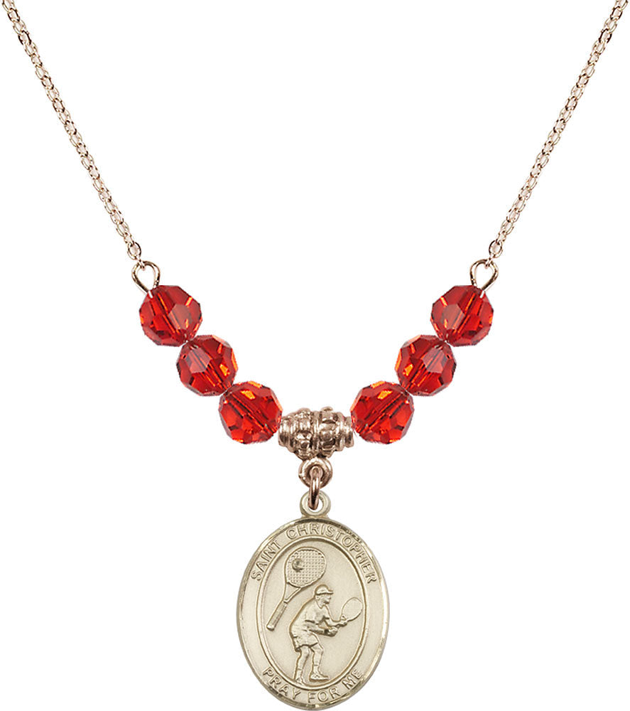 14kt Gold Filled Saint Christopher/Tennis Birthstone Necklace with Ruby Beads - 8505