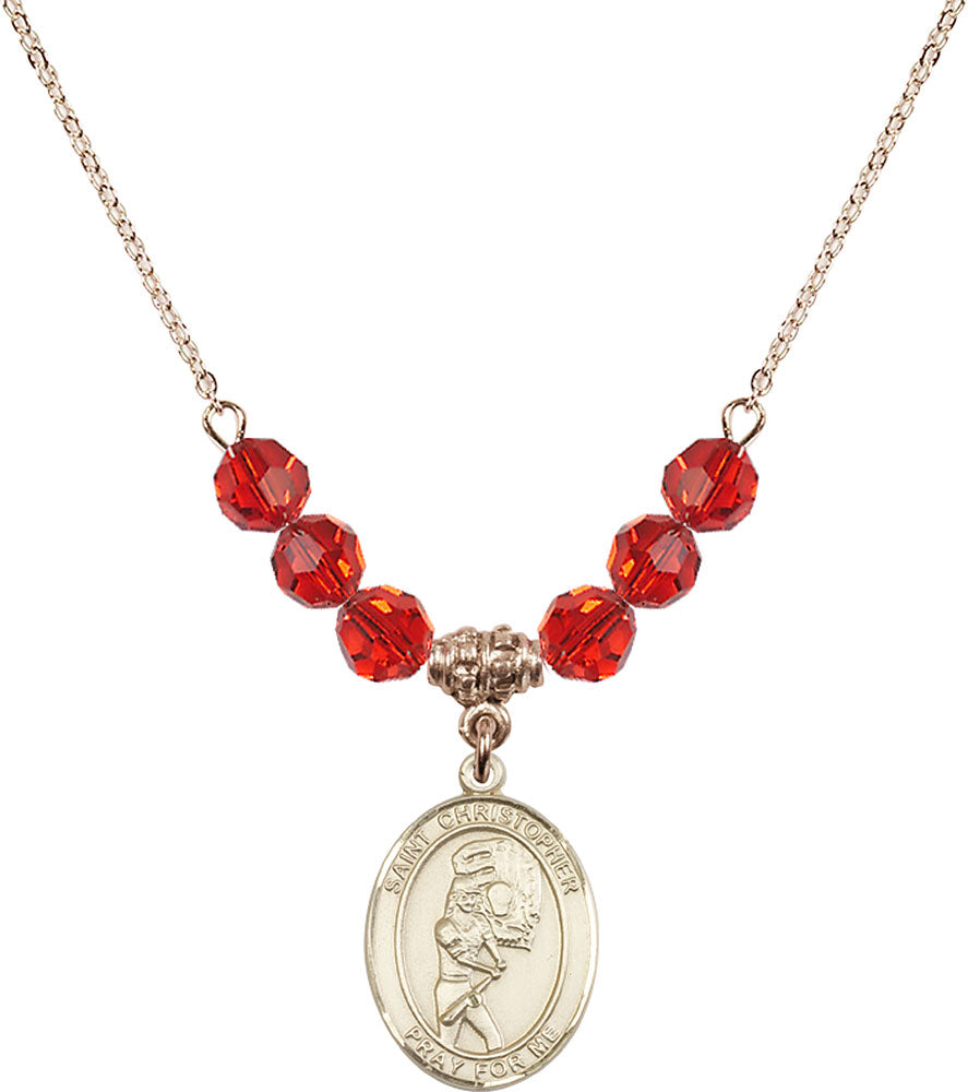 14kt Gold Filled Saint Christopher/Softball Birthstone Necklace with Ruby Beads - 8507
