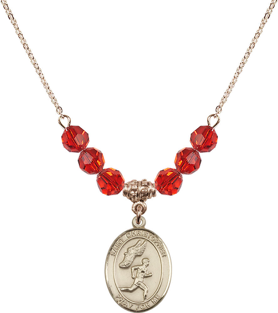 14kt Gold Filled Saint Christopher/Track&Field-Men Birthstone Necklace with Ruby Beads - 8509