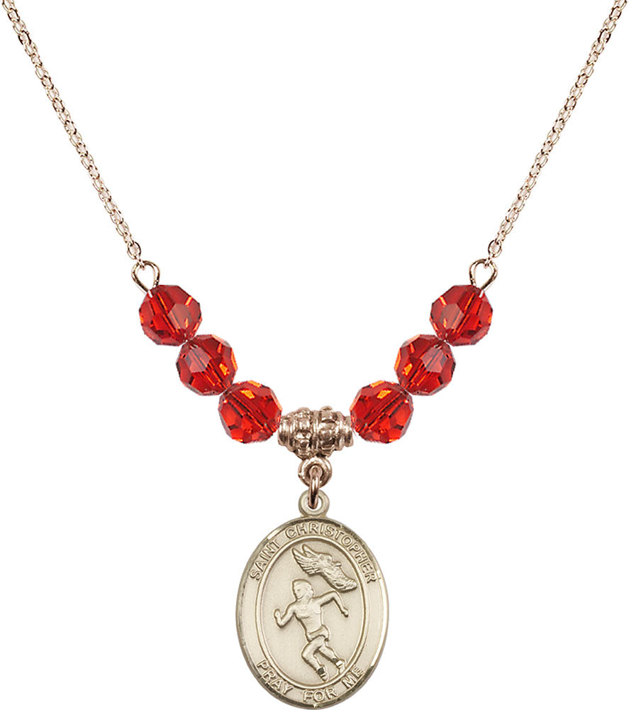 14kt Gold Filled Saint Christopher/Track&Field-Women Birthstone Necklace with Ruby Beads - 8510
