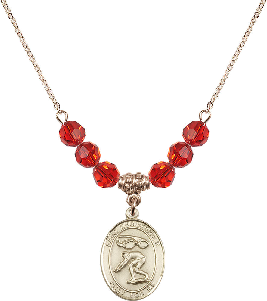 14kt Gold Filled Saint Christopher/Swimming Birthstone Necklace with Ruby Beads - 8511