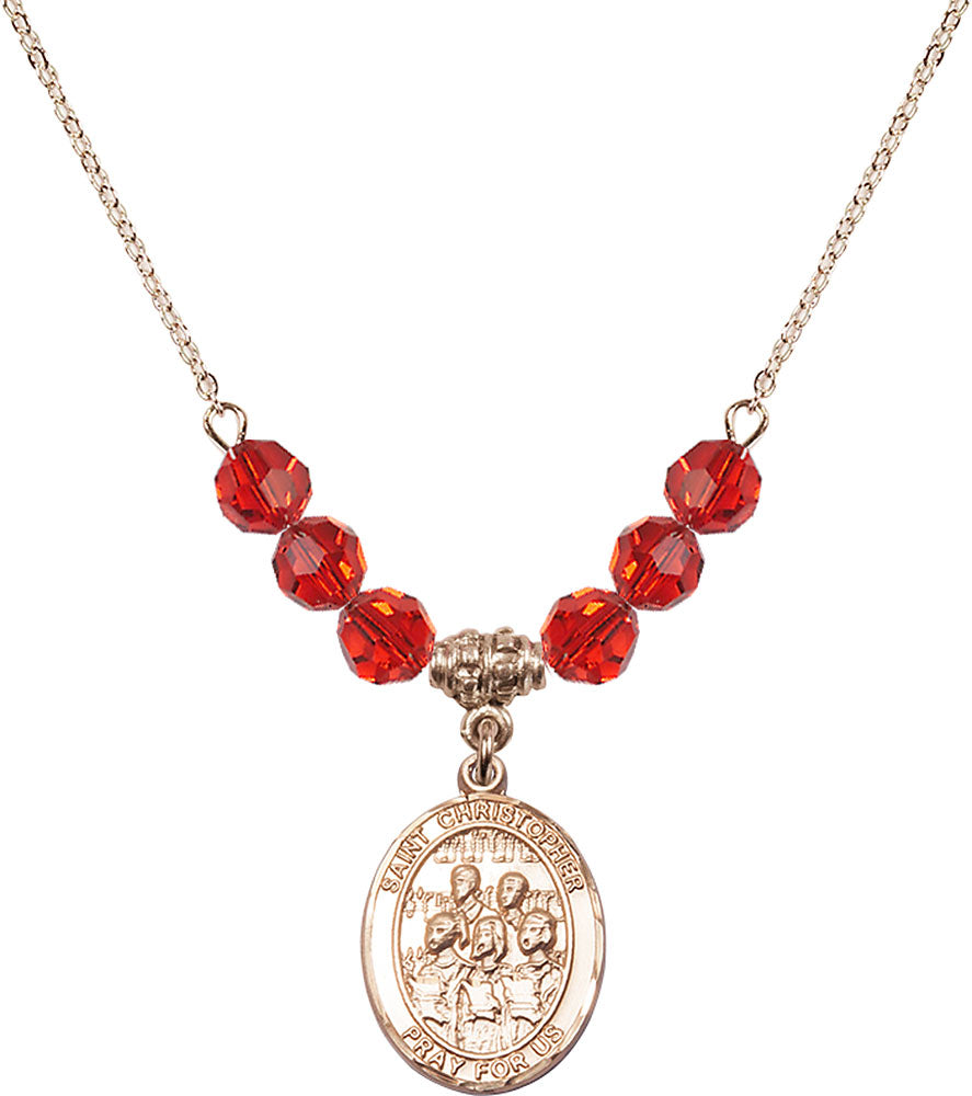 14kt Gold Filled Saint Christopher / Choir Birthstone Necklace with Ruby Beads - 8514