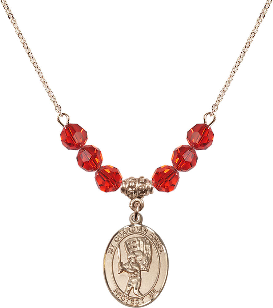 14kt Gold Filled Guardian Angel/Baseball Birthstone Necklace with Ruby Beads - 8700