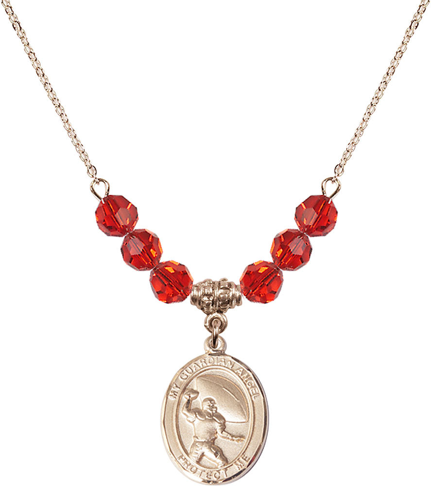 14kt Gold Filled Guardian Angel/Football Birthstone Necklace with Ruby Beads - 8701