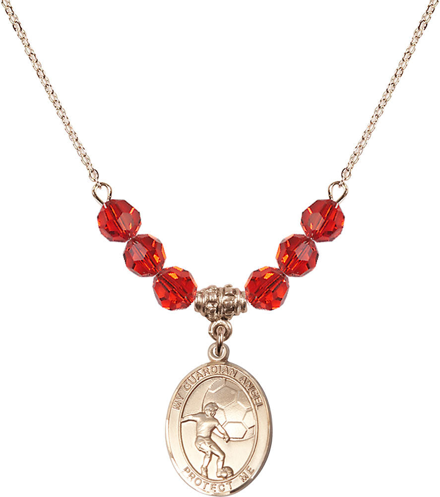 14kt Gold Filled Guardian Angel/Soccer Birthstone Necklace with Ruby Beads - 8703