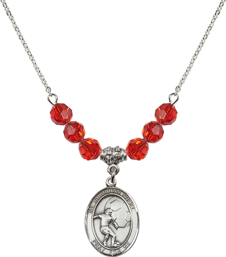 Sterling Silver Guardian Angel/Soccer Birthstone Necklace with Ruby Beads - 8703
