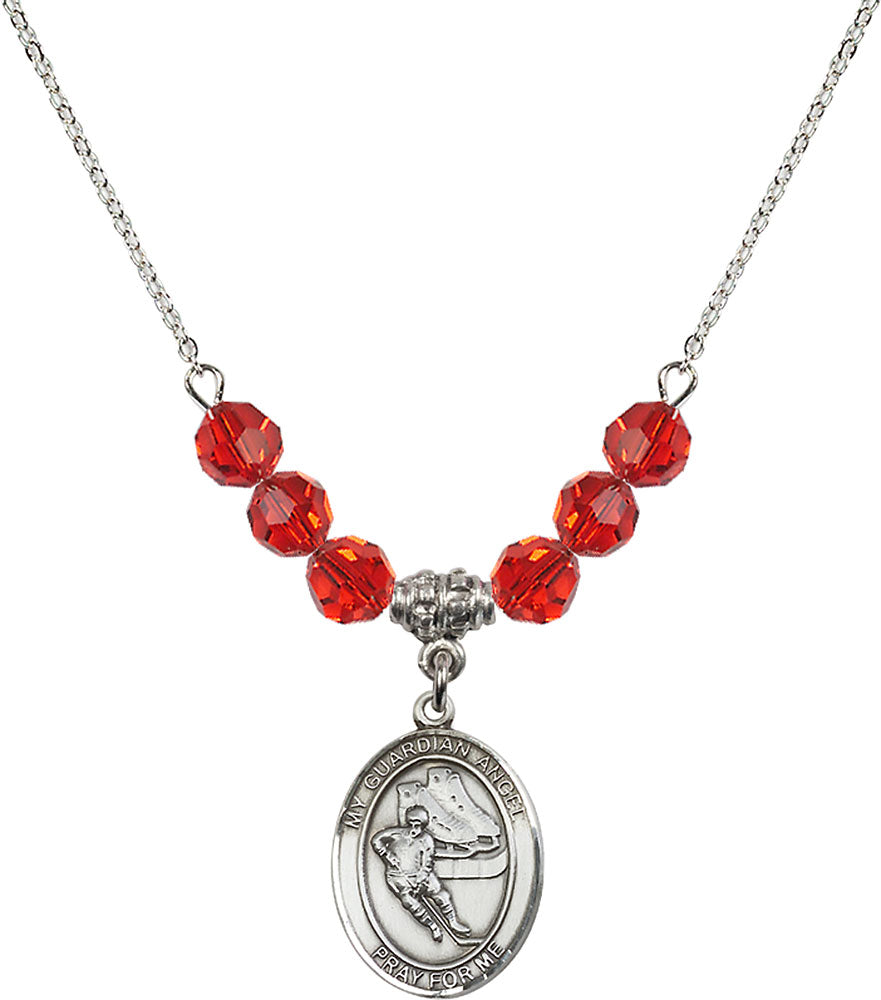 Sterling Silver Guardian Angel/Hockey Birthstone Necklace with Ruby Beads - 8704