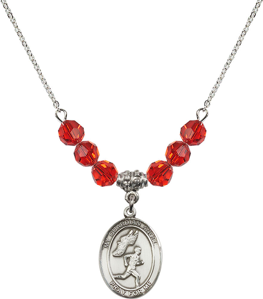 Sterling Silver Guardian Angel/Track&Field-Men Birthstone Necklace with Ruby Beads - 8709