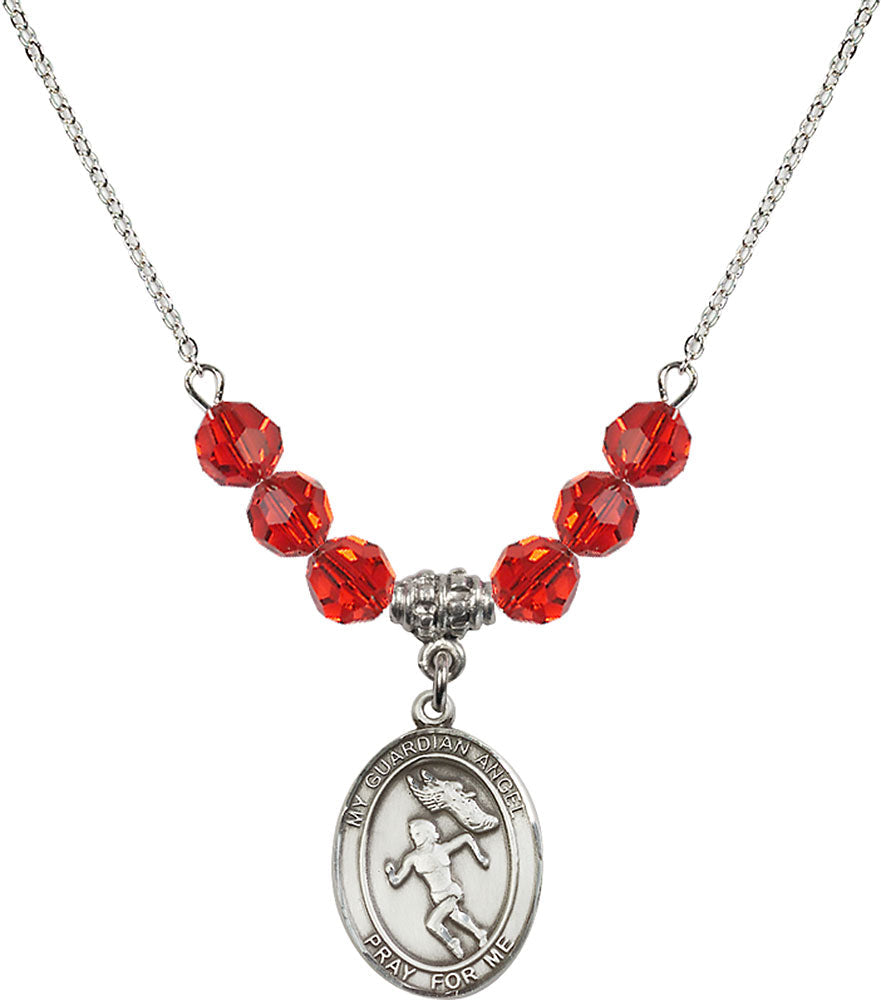 Sterling Silver Guardian Angel/Track&Field-Women Birthstone Necklace with Ruby Beads - 8710