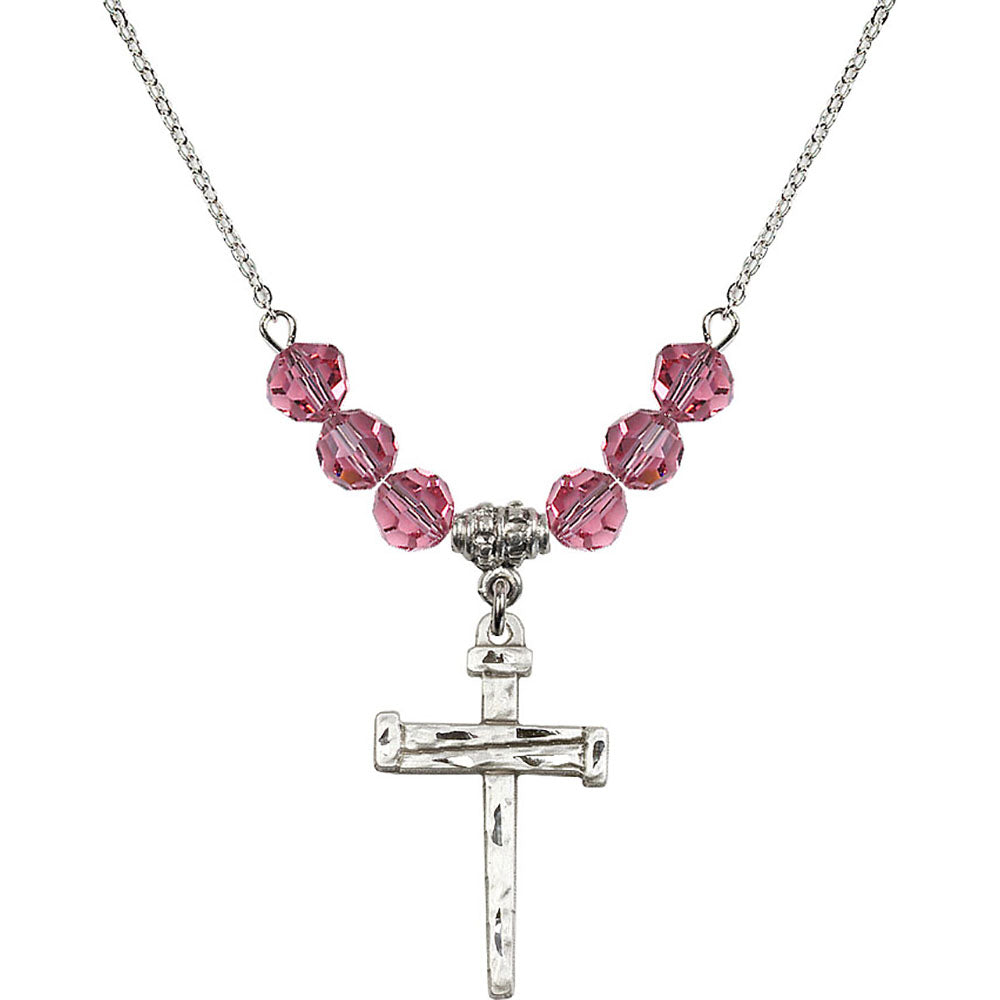 Sterling Silver Nail Cross Birthstone Necklace with Rose Beads - 0013