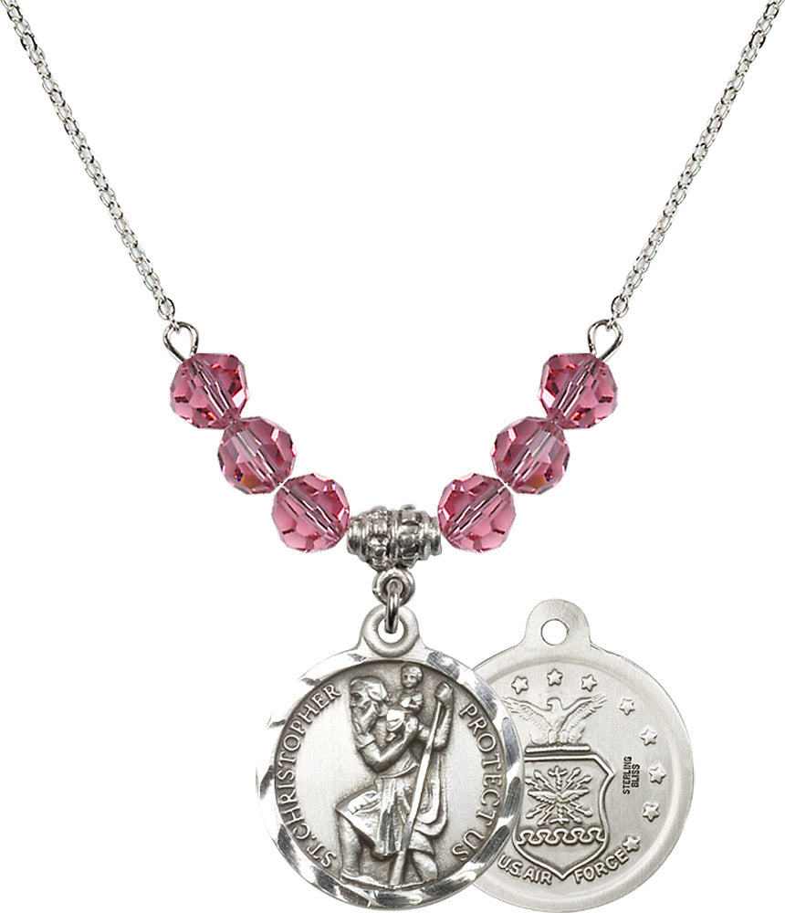 Sterling Silver Saint Christopher / Air Force Birthstone Necklace with Rose Beads - 0192