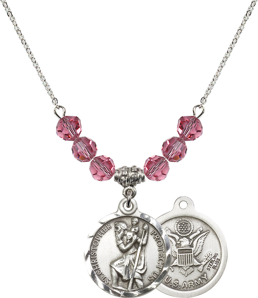 Sterling Silver Saint Christopher / Army Birthstone Necklace with Rose Beads - 0192