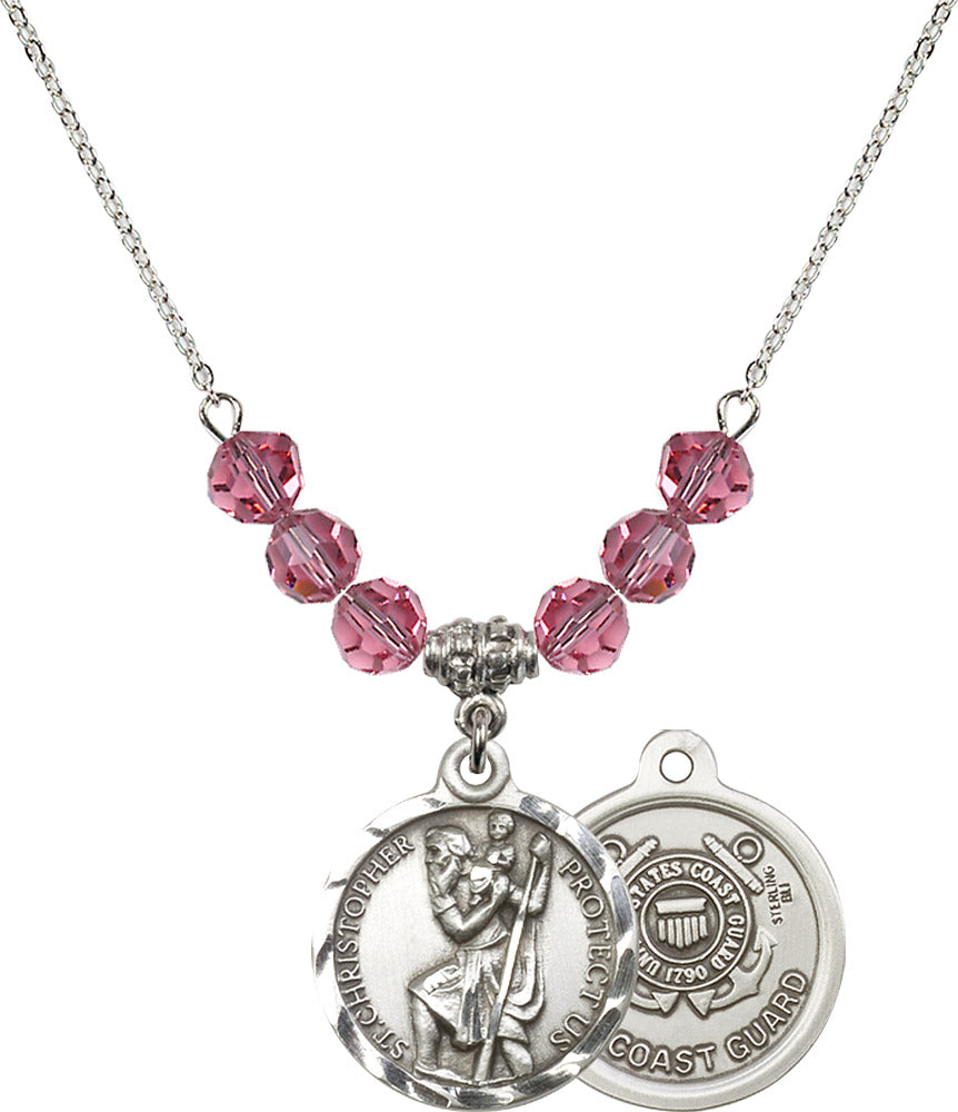Sterling Silver Saint Christopher / Coast Guard Birthstone Necklace with Rose Beads - 0192