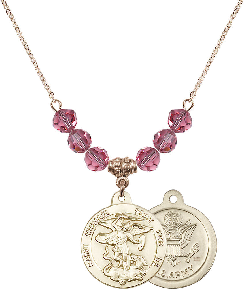 14kt Gold Filled Saint Michael / Army Birthstone Necklace with Rose Beads - 0342