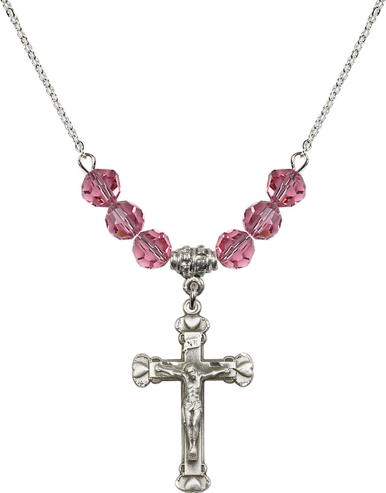 Sterling Silver Crucifix Birthstone Necklace with Rose Beads - 0620