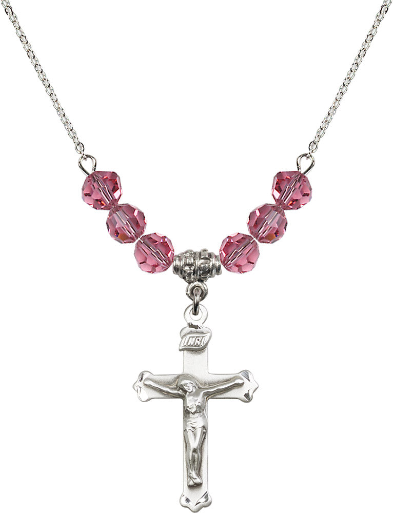 Sterling Silver Crucifix Birthstone Necklace with Rose Beads - 0651