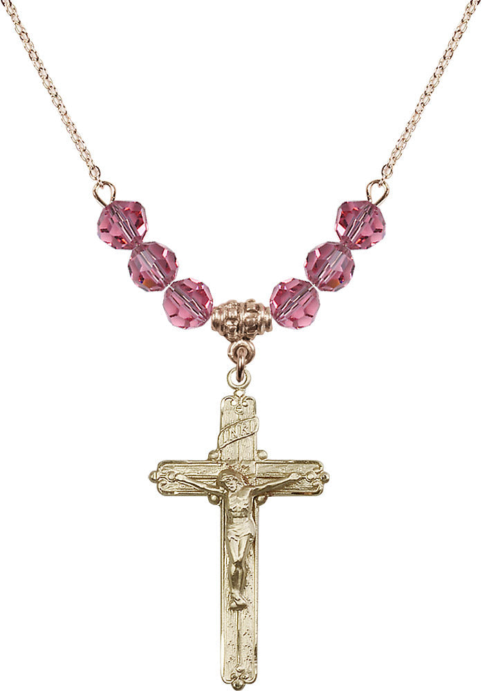 14kt Gold Filled Crucifix Birthstone Necklace with Rose Beads - 0655