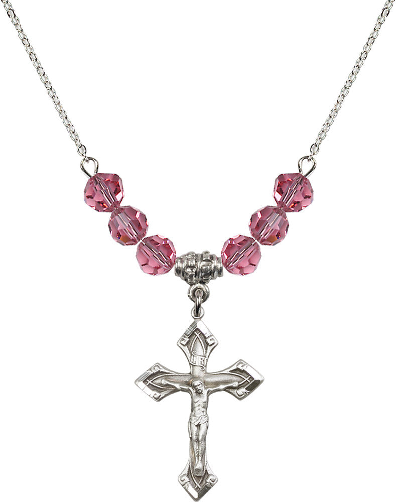 Sterling Silver Crucifix Birthstone Necklace with Rose Beads - 0663