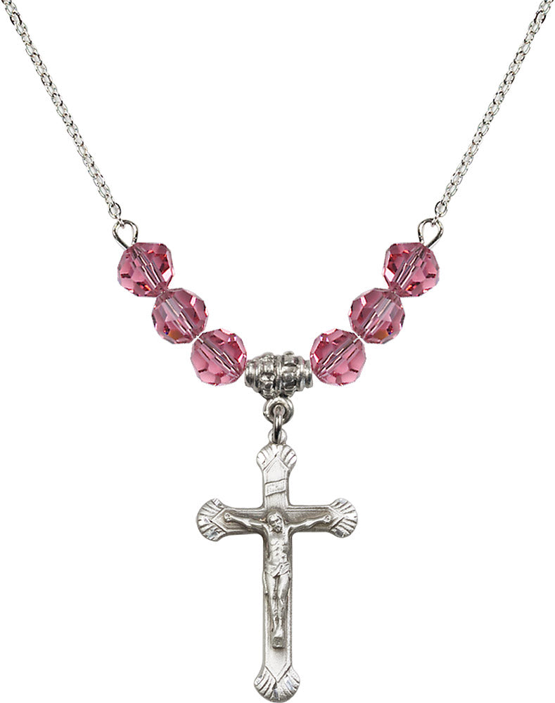 Sterling Silver Crucifix Birthstone Necklace with Rose Beads - 0664