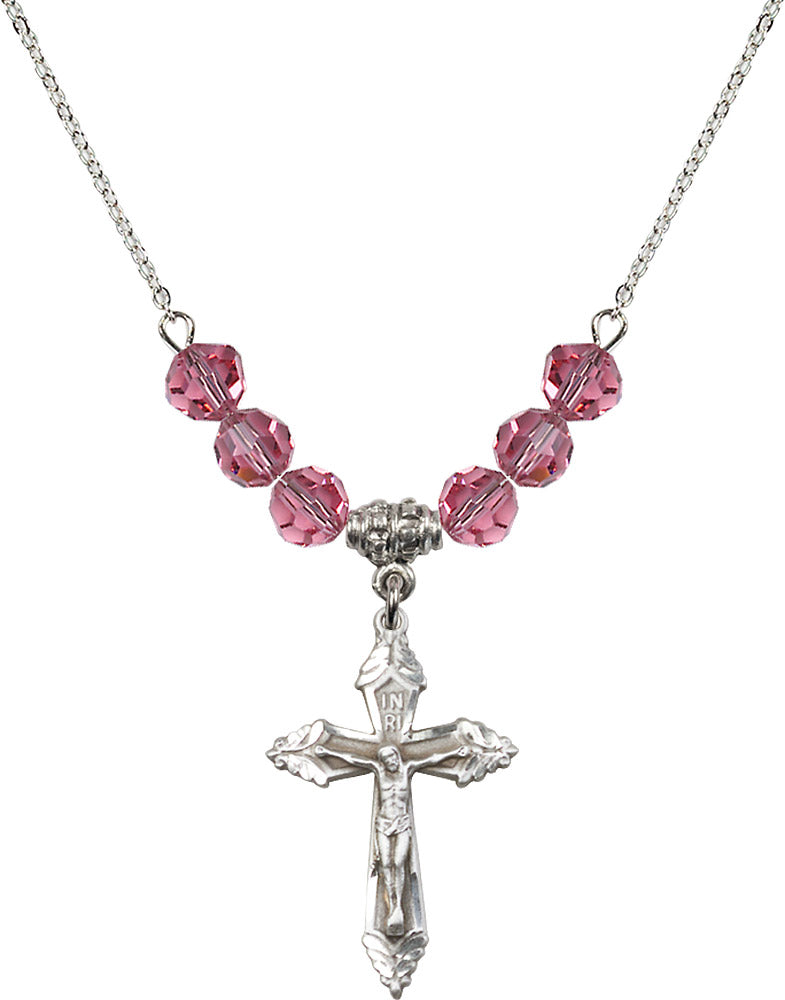 Sterling Silver Crucifix Birthstone Necklace with Rose Beads - 0665