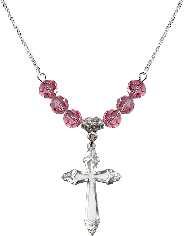 Sterling Silver Cross Birthstone Necklace with Rose Beads - 0665