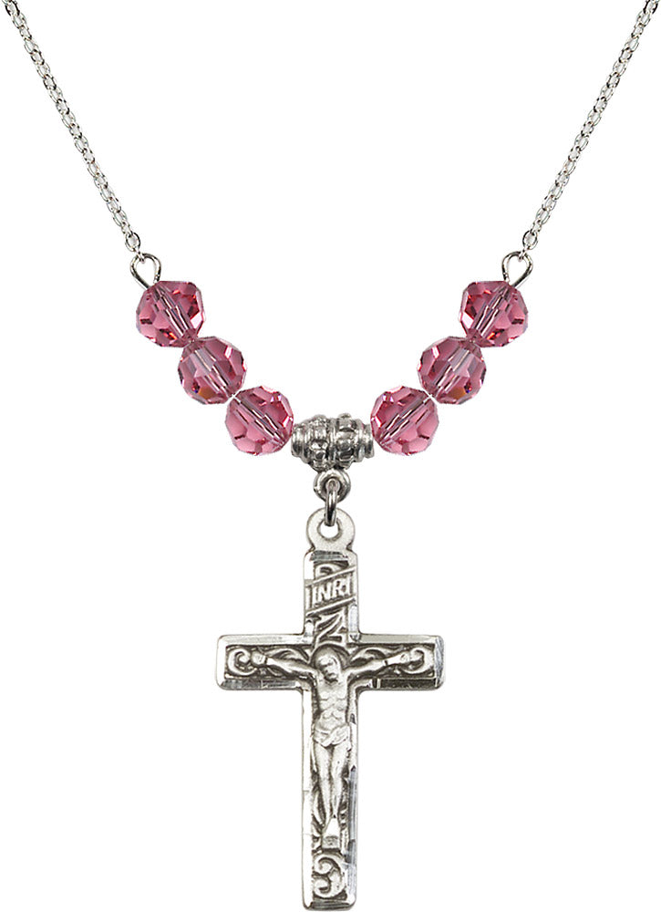 Sterling Silver Crucifix Birthstone Necklace with Rose Beads - 0674