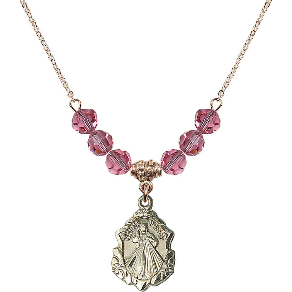 14kt Gold Filled Divine Mercy Birthstone Necklace with Rose Beads - 0822