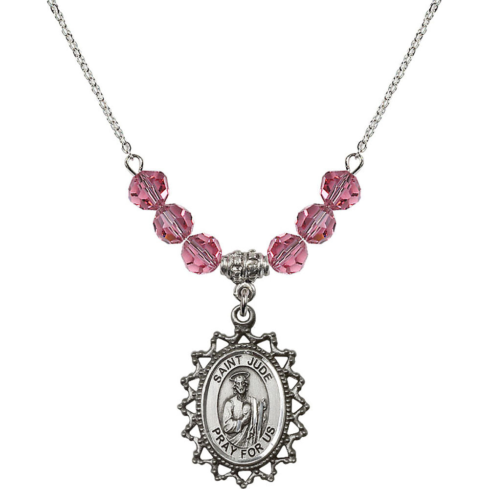 Sterling Silver Saint Jude Birthstone Necklace with Rose Beads - 1619