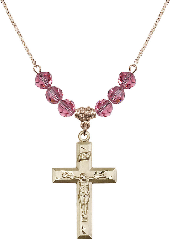 14kt Gold Filled Crucifix Birthstone Necklace with Rose Beads - 2186