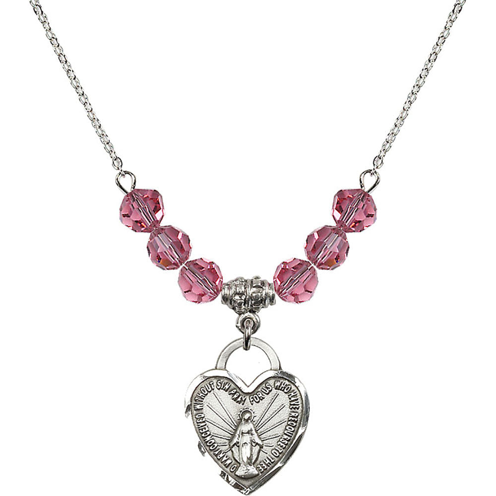 Sterling Silver Miraculous Heart Birthstone Necklace with Rose Beads - 3201