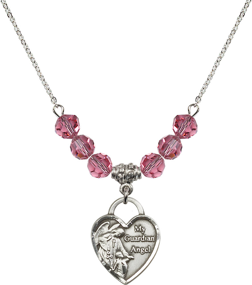 Sterling Silver Guardian Angel Heart Birthstone Necklace with Rose Beads - 3202