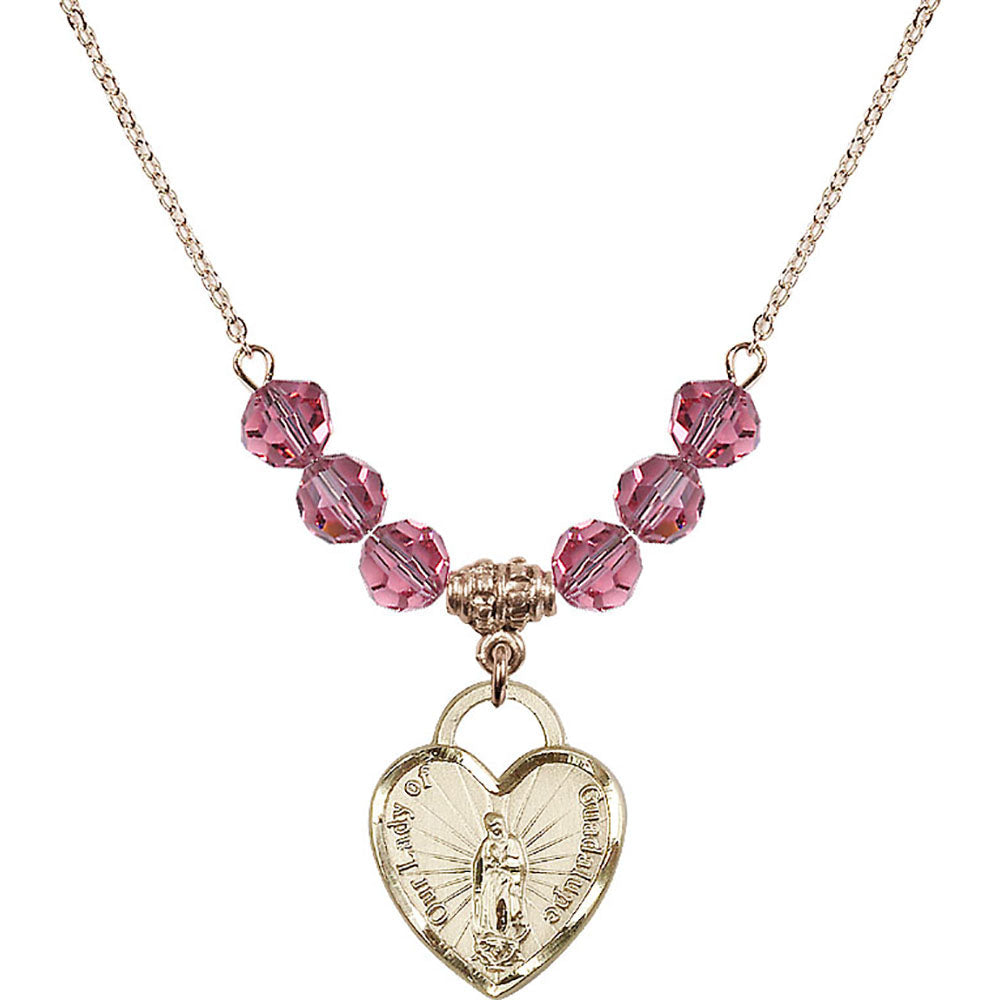 14kt Gold Filled Our Lady of Guadalupe Heart / Recuerdo Birthstone Necklace with Rose Beads - 3209