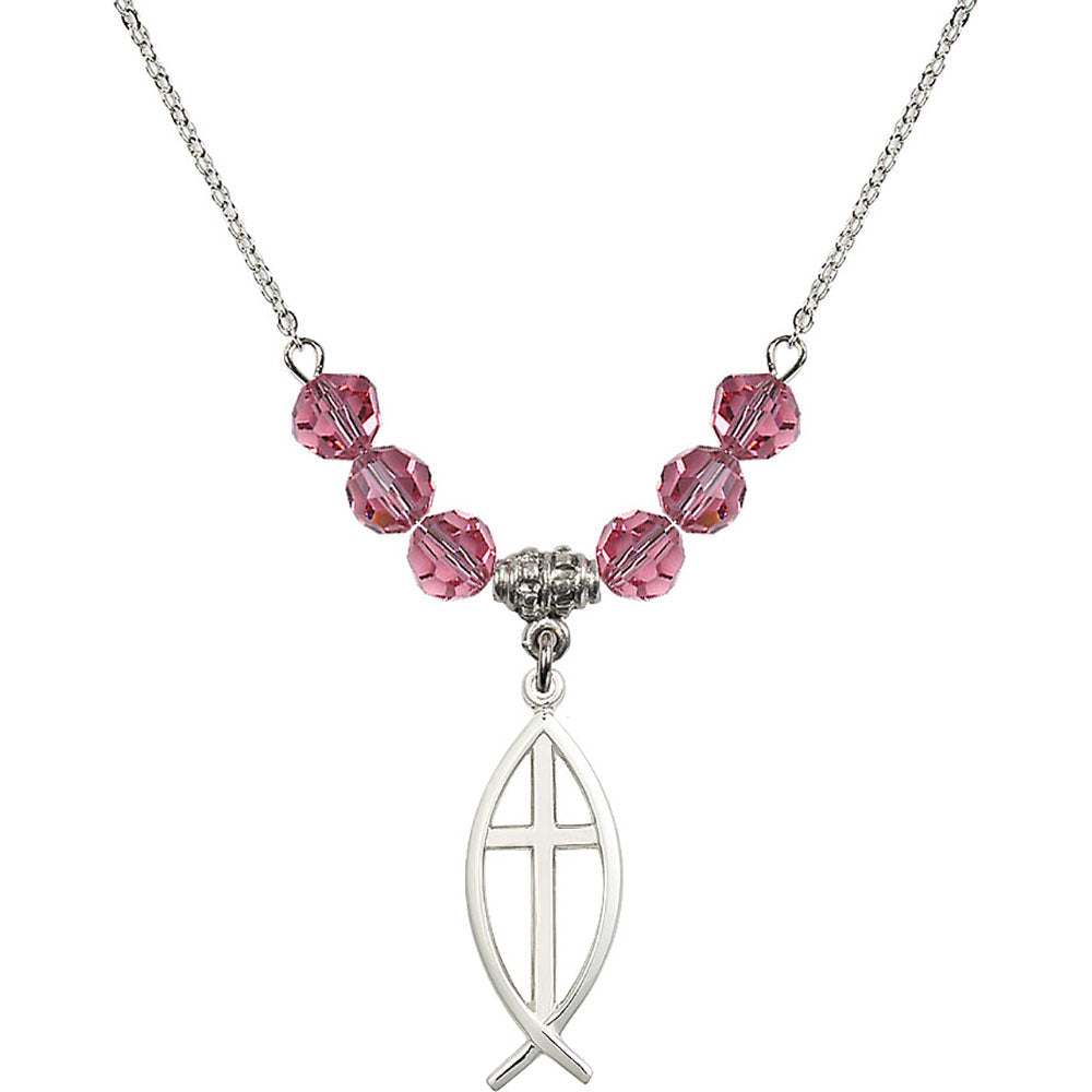 Sterling Silver Fish / Cross Birthstone Necklace with Rose Beads - 4252