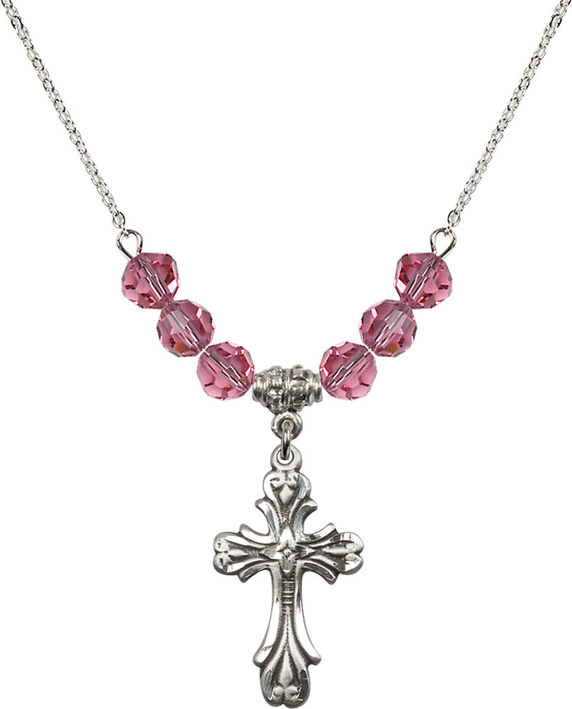 Sterling Silver Cross Birthstone Necklace with Rose Beads - 5419