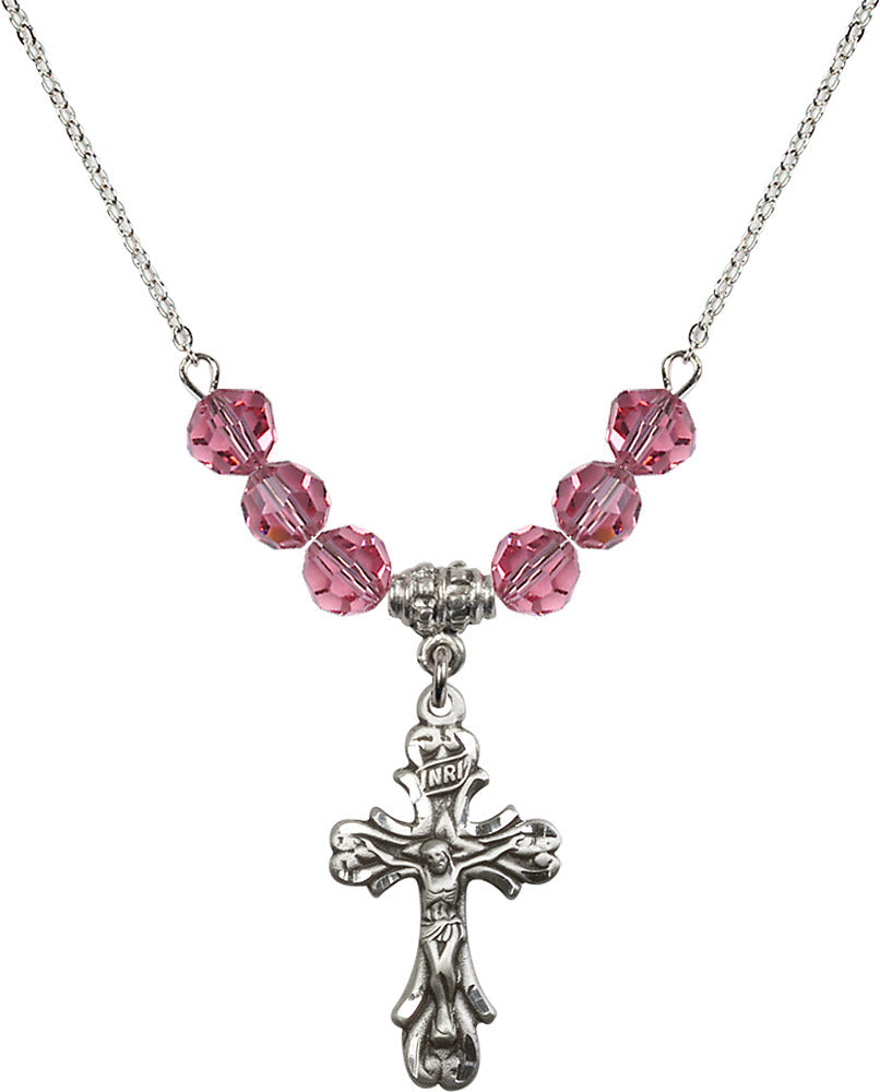 Sterling Silver Crucifix Birthstone Necklace with Rose Beads - 5421