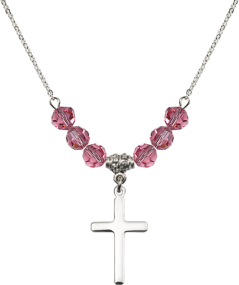 Sterling Silver Cross Birthstone Necklace with Rose Beads - 5670
