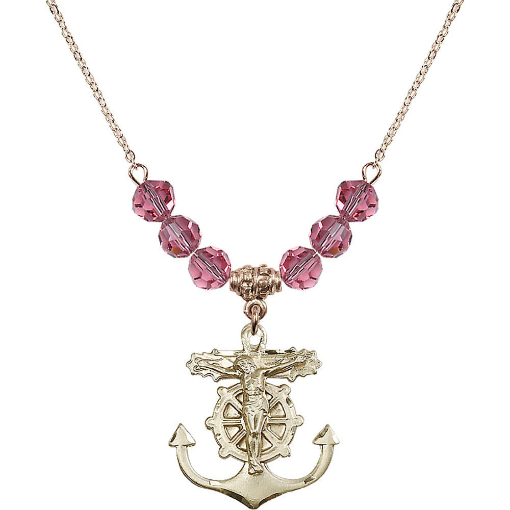 14kt Gold Filled Anchor Crucifix Birthstone Necklace with Rose Beads - 5685