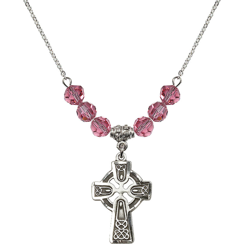 Sterling Silver Celtic Cross Birthstone Necklace with Rose Beads - 5689