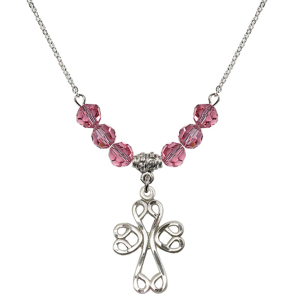 Sterling Silver Scroll Cross Birthstone Necklace with Rose Beads - 5998