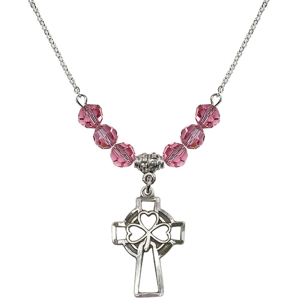 Sterling Silver Shamrock Cross Birthstone Necklace with Rose Beads - 5999