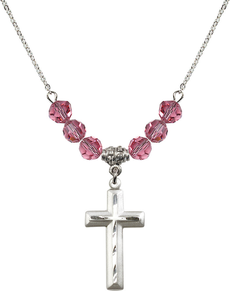 Sterling Silver Cross Birthstone Necklace with Rose Beads - 6000