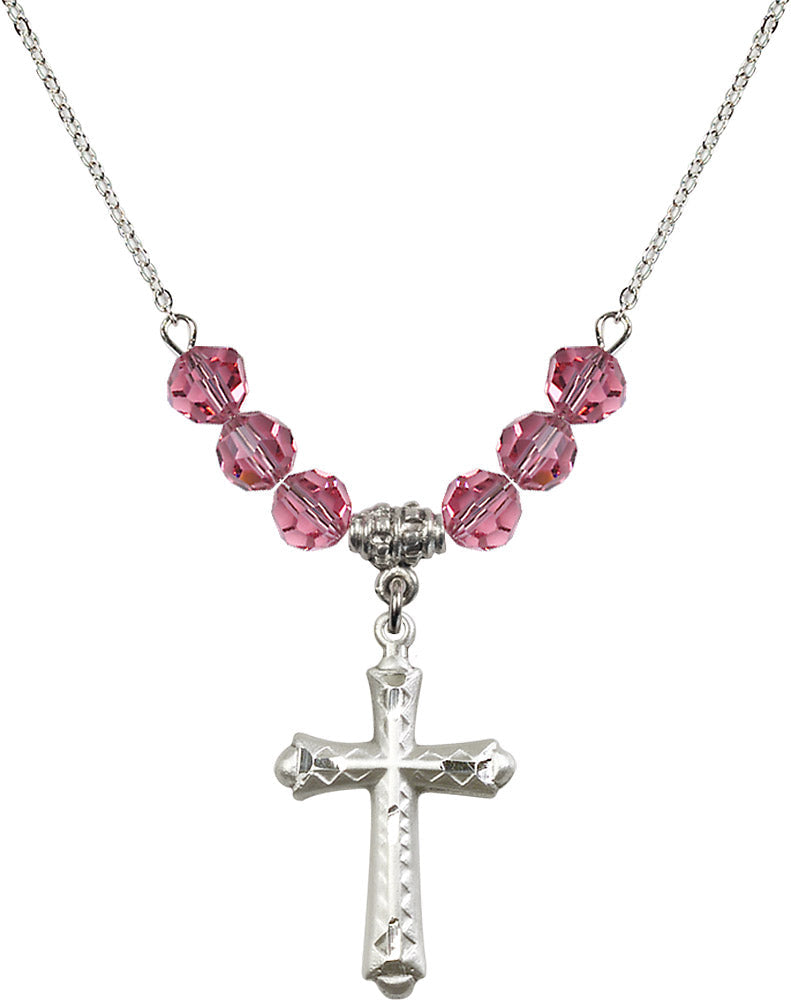 Sterling Silver Cross Birthstone Necklace with Rose Beads - 6007