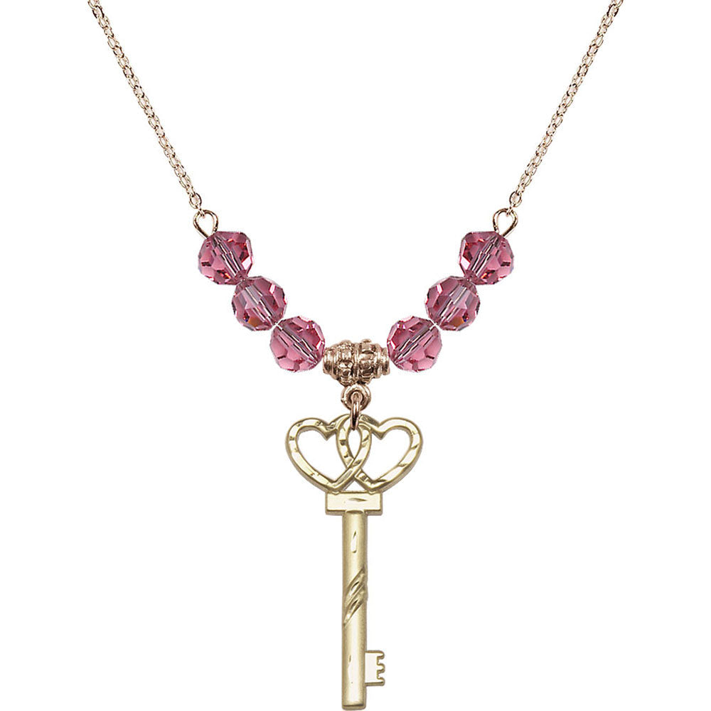 14kt Gold Filled Small Key w/Double Hearts Birthstone Necklace with Rose Beads - 6213