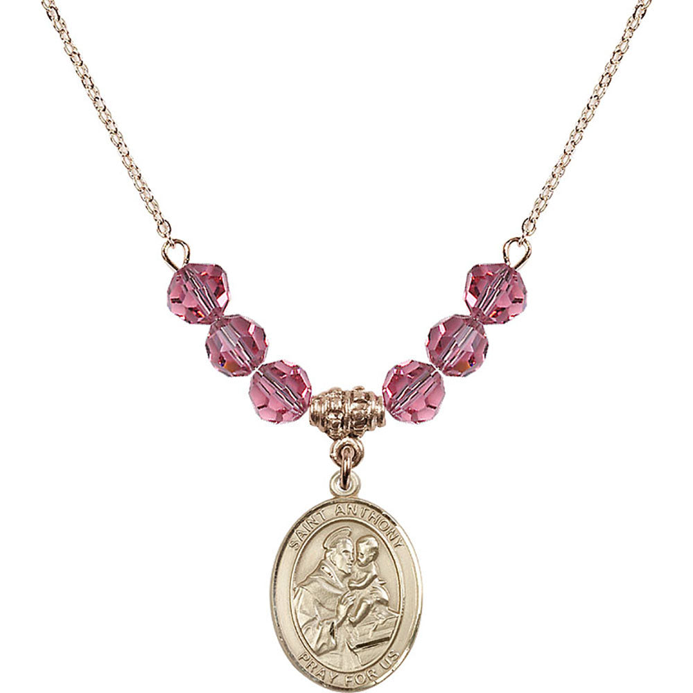 14kt Gold Filled Saint Anthony of Padua Birthstone Necklace with Rose Beads - 8004